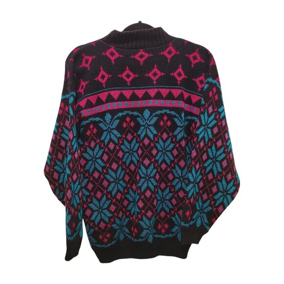 Vintage 80s Pink Green Black Metallic Medium to Large Snowflake Ski Sweater - Picture 3 of 5